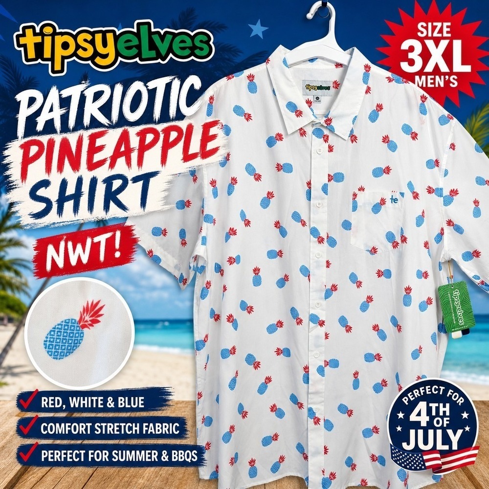 Tipsy Elves Pineapple Patriotic Shirt‎ Mens 3XL NWT Red White Blue Button Down